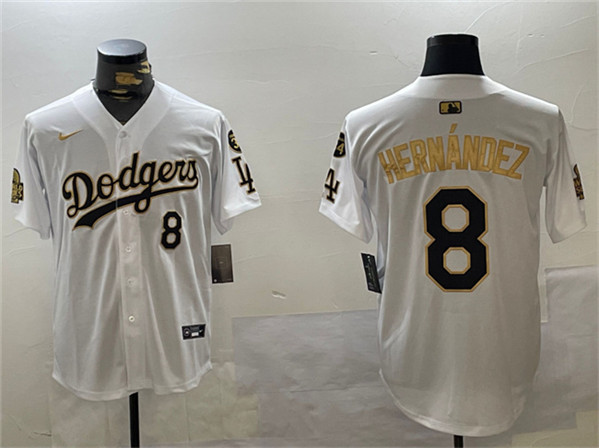 Los Angeles Dodgers #8 Enrique Hern??ndez White Gold 2024 World Series With Fernando Memorial Patch Home Limited Stitched Jersey